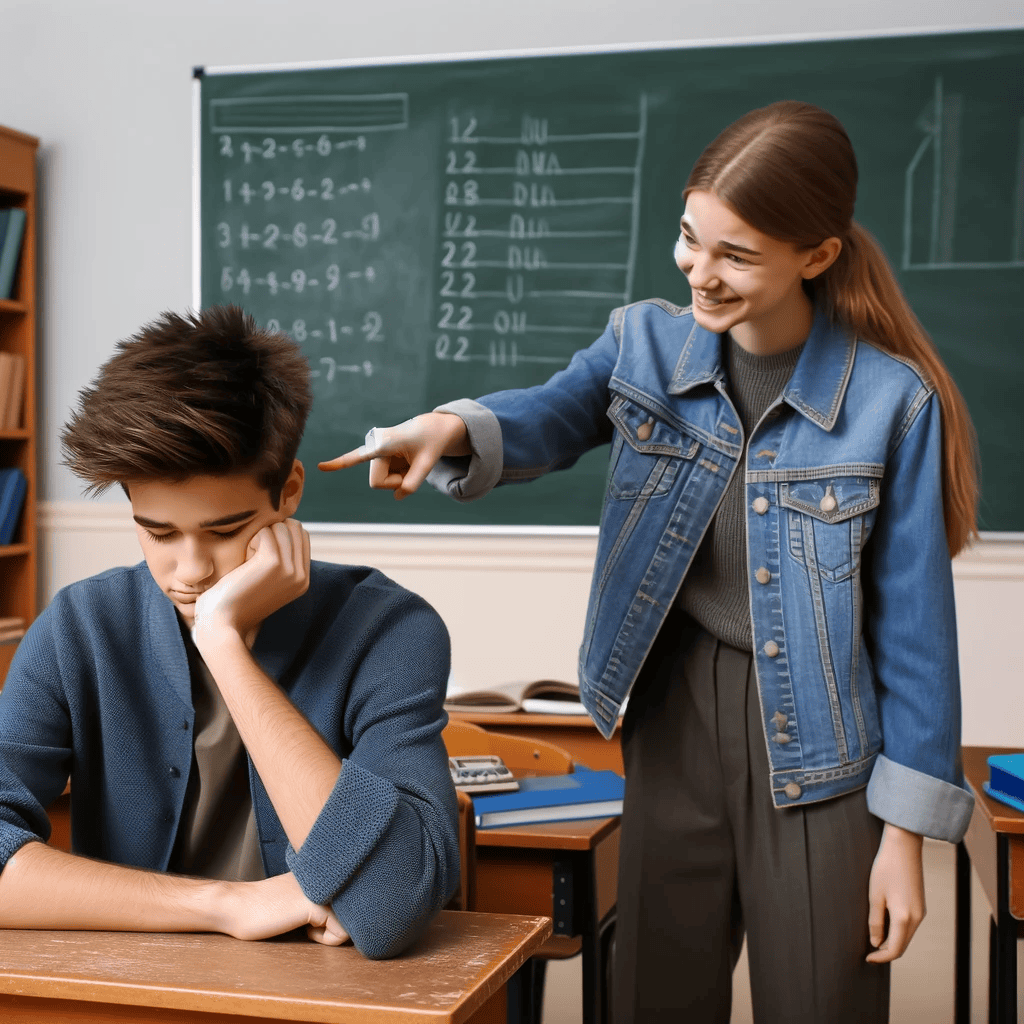 picture of a girl pointing at a distressed teen boy
